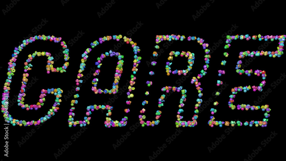 CARE: 3D illustration of the text made of small objects over a black background with shadows CARE: 3D illustration of the text made of small objects over a black background with shadows