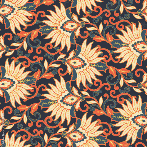 Floral vector seamless pattern. Fantastic flower, leaves. Batik style painting. Vintage background