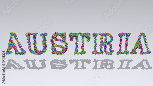 austria written in 3D illustration by colorful small objects casting shadow on a white background