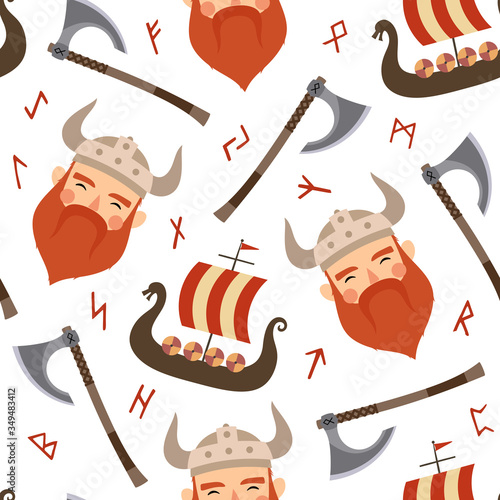 Vikings seamless pattern with viking ship and warrior axe, childish scandinavian vector background, kids apparel, fabric, textile, nursery vector illustration