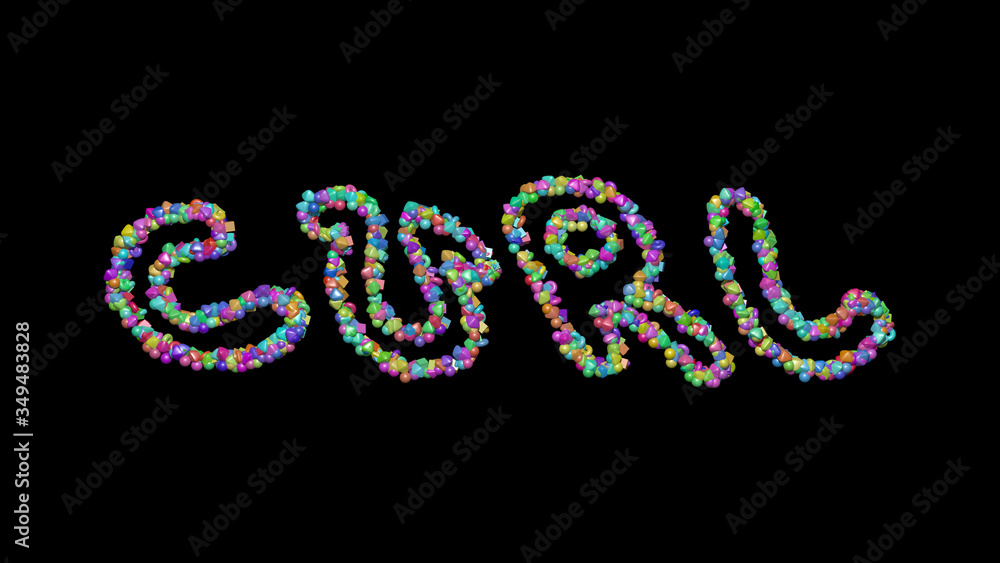 Colorful 3D writting of curl text with small objects over a dark background and matching shadow