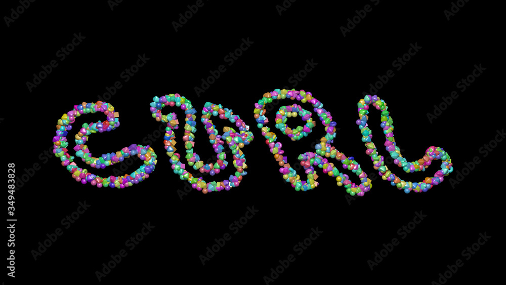 Colorful 3D writting of curl text with small objects over a dark background and matching shadow Colorful 3D writting of curl text with small objects over a dark background and matching shadow