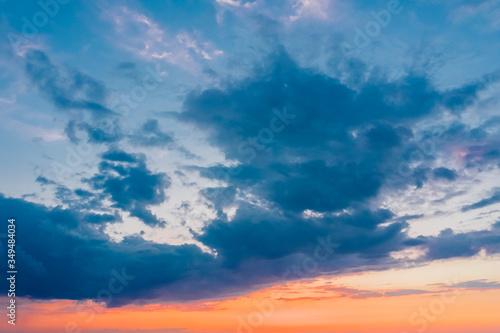 Fototapeta Naklejka Na Ścianę i Meble -  Blue orange scenic sky during sunset. Reflection of sunlight in the sky. Beautiful background with cloudy landscape