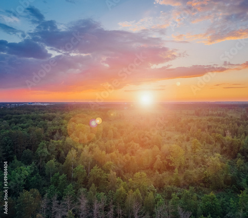 Forest at sunset. The sun shines over the treetops against a beautiful cloudy sky. Aerial view © Zayne C.
