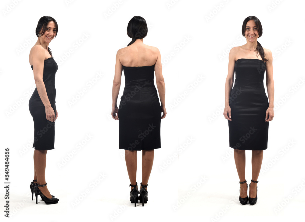 front profile and rear view of an elegant woman wearing a strapless word on white background front profile and rear view of an elegant woman wearing a strapless word on white background