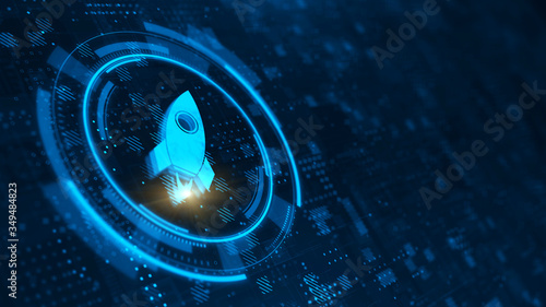 Foto Rocket icon on abstract blue background - 3d rendering of 3d rocket icon