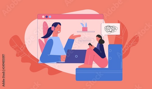 Upset woman at counseling with psychologist online vector flat illustration. Frustrated female talking at psychology consultation use modern device isolated. Remote psychological assistance service