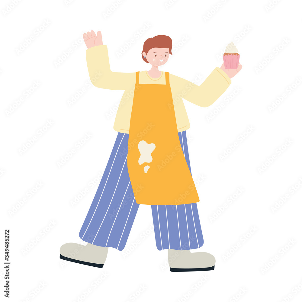 young man with cupcake and apron character icon design young man with cupcake and apron character icon design