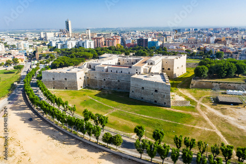 Aerial view, Castello Svevo and Cathedral Basilica of Saint Mary 'Maggiore', Trani region, Barletta,, Apulia, Italy,