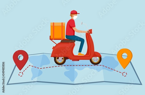 Food delivery quarantine illustration. Restaurant courier in mask with bag of ordered menu quickly delivers online order on red scooter, map icons of customers vector location.