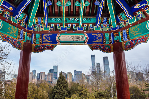 View from Ritan public park located in Chaoyang District on office buildings in CBD - Central Buisness District of Beijing, China photo