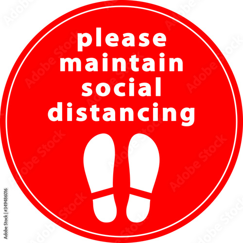 Social distancing concept. Vector of footprint sign red color with text keep your distance for print floor. Protection from Covid-19, Coronavirus outbreak spreading illustration, sign and sticker