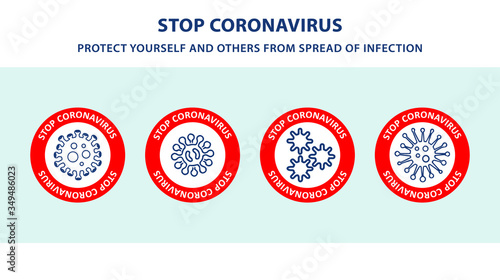 Stop Coronavirus Concept. No Infection sign caution. Coronavirus outbreak Icon with Red Prohibit Sign, 2019-nCoV Novel Coronavirus pandemic dangerous cells.Vector illustration