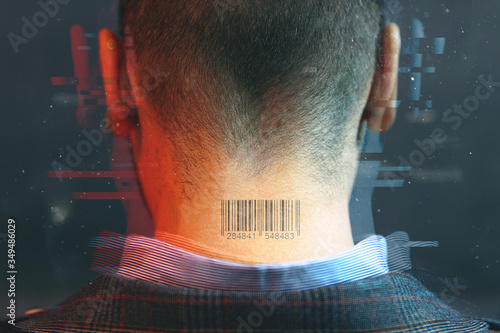 Back of man's neck with barcode. Photo in futuristic stylization with glitches photo