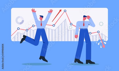 Two businessman having different emotion growth and bankruptcy stock market vector flat illustration. Happy and upset to financial rally isolated. Enjoy success and upset failure of finance deal