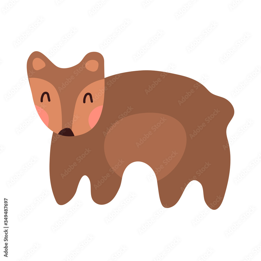 Fototapeta premium Cute bear cartoon hand drawn vector illustration in flat style. Can be used for t-shirt print, kids wear clothing design, baby shower invitation card. Good brown grizzly bear, wild animals.