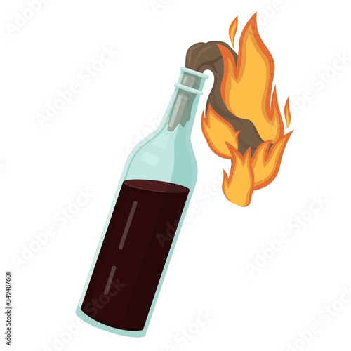 Burning molotov cocktail. Bottle explosive liquid and burning rag wick illustration riot protest revolution vector rebellion against self isolation social unrest cartoon anarchist weapon.