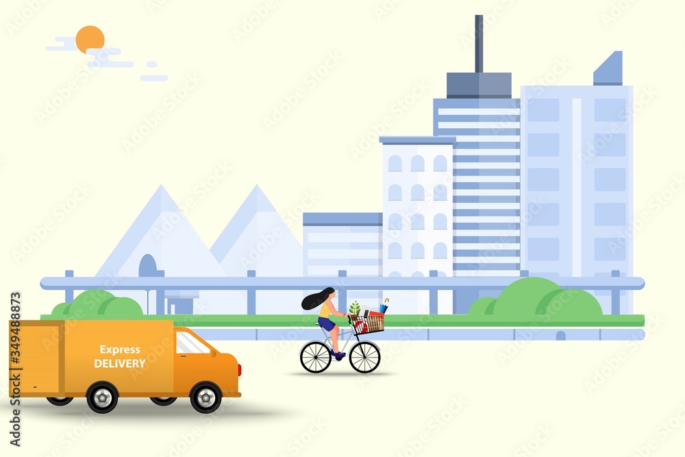 Naklejka premium Concept of shopping and express delivery, young woman riding a bicycle that the basket contain the goods from shopping mall in front of the van which going to ship the goods to customers in the city.