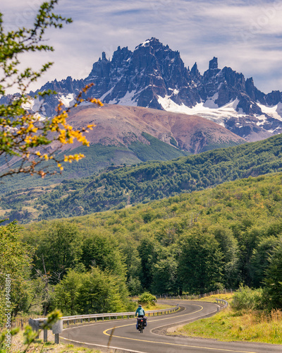 Cycling the carretera austral in Chile with view on cerro Castillo mountains
