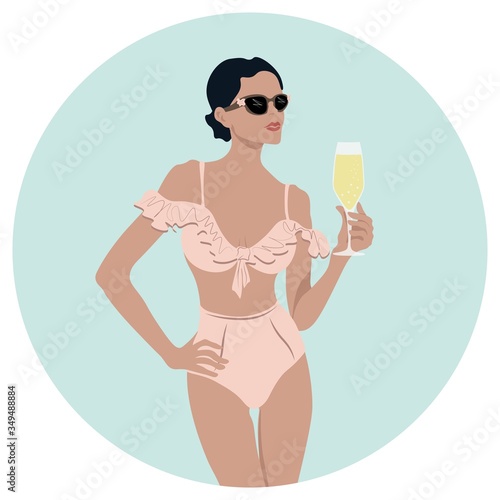 A girl in a fashionable swimsuit and glasses, with a glass of champagne in her hands. Vector graphics. Summer vacation at the sea. She is tanned and happy. Dark hair. Composition in a circle.