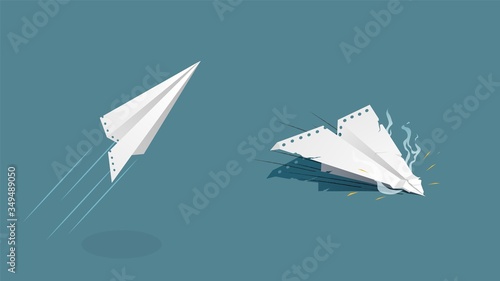 Paper plane rise and fall. White airplane paper sheet takes off crashes vector concept financial life disaster creative clipart launch fall of hope.