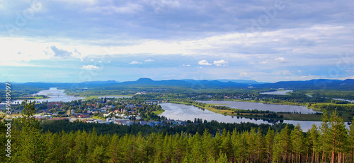 
River floodplain and the city of Överkalix in northern Sweden