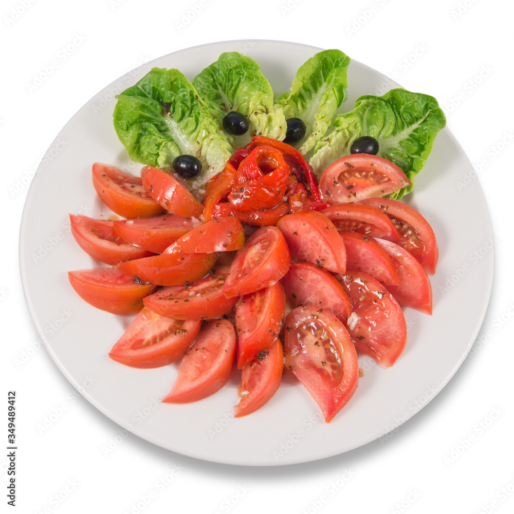 Tomato, red pepper, lettuce and black olives salad. Tomato, red pepper, lettuce and black olives salad.
