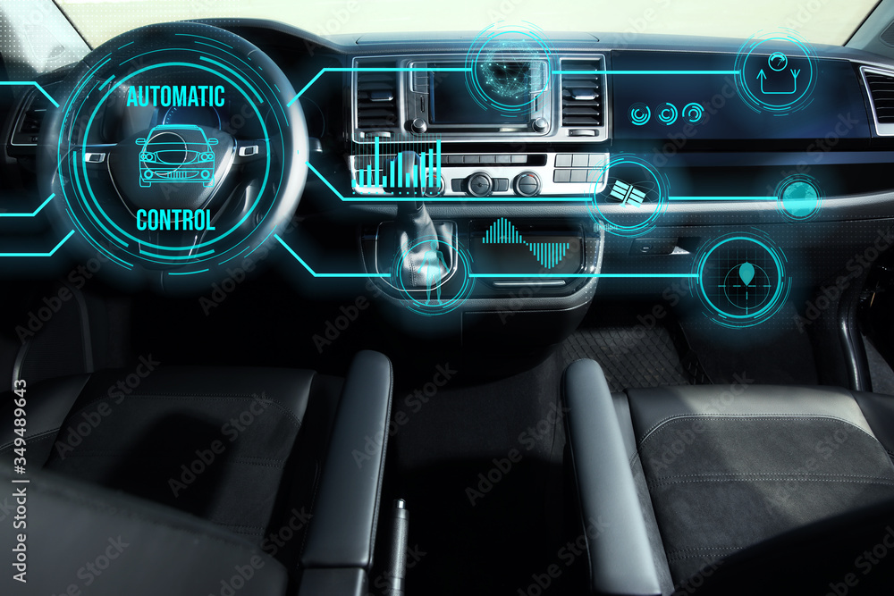 Futuristic technology. Car interior with graphical user interface Futuristic technology. Car interior with graphical user interface