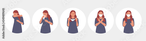 Stop the infection. Health care concept. Vector illustration in a flat style isolated on white. Woman with worry gesture. Icons of women wearing masks. 