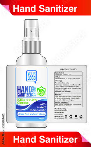 75 percent Alcohol hand sanitizer disinfectant spray label design vector illustration graphic template for packaging design.