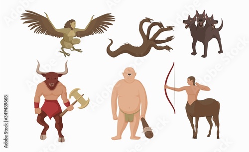 Mythical creatures greece. Ancient greek mythological characters centaur with bow minotaur battle ax one eyed cyclop vector club harpy multi headed hydra three headed cartoon cerberus guarding hades.