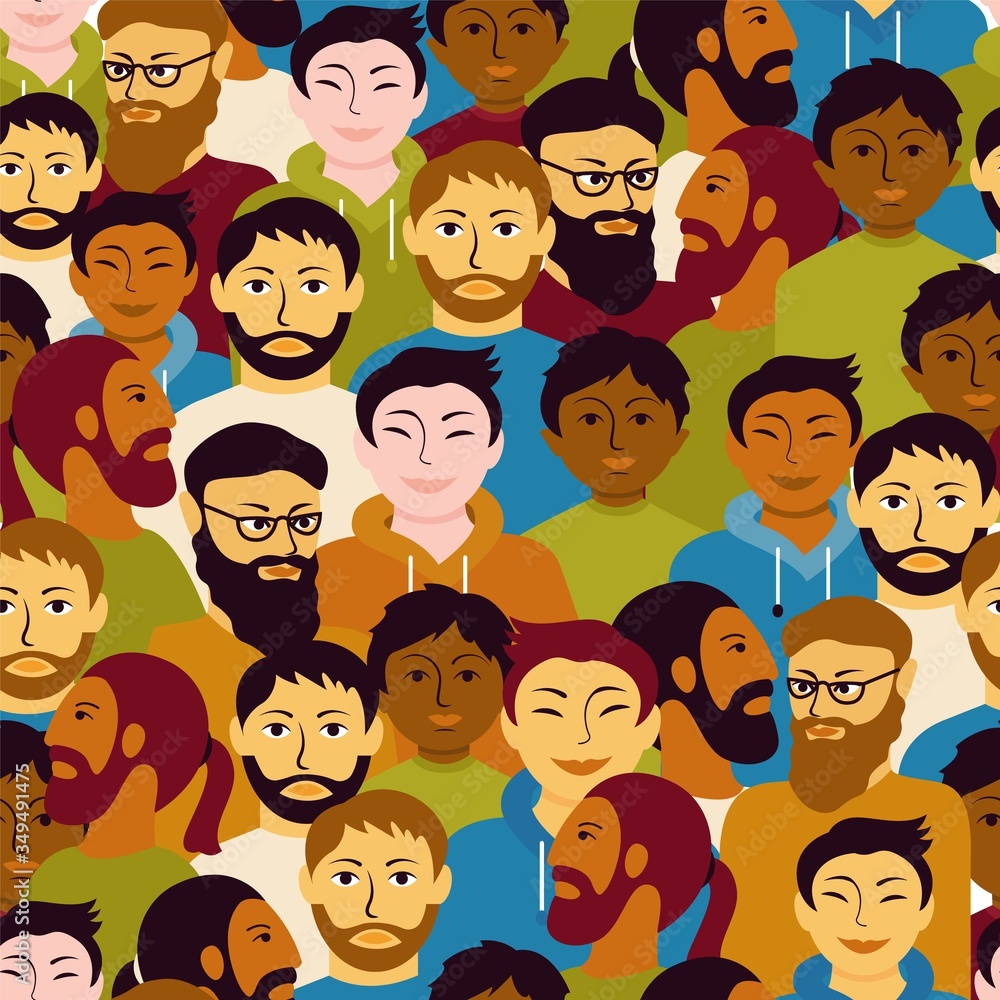 Men heads seamless pattern. Group men different colored nationalities and appearances african americans whites asians with hipster vector beard, mustache smiling flat sad. Men heads seamless pattern. Group men different colored nationalities and appearances african americans whites asians with hipster vector beard, mustache smiling flat sad.