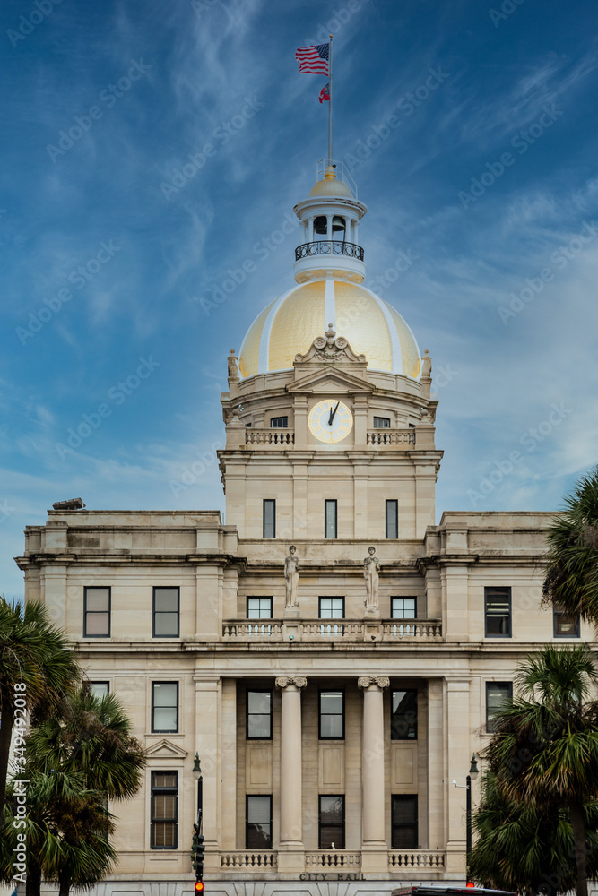 A view of the iconic city hall in Savannah Georgia