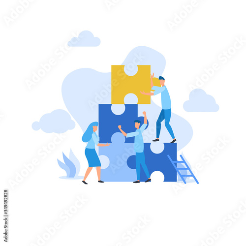 a group of mini people composing puzzle pieces mean interconnected people who work together to  find idea brainstorming flat illustration concept template background for presentation web banner © Alpha Illustration