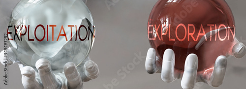 exploration and exploitation in a balanced life - pictured as words exploration,exploitation in hands to show that exploitation and exploration should stay in balance, 3d illustration