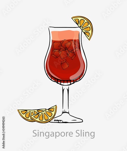 Cocktail singapore sling. Red cocktail ice cubes orange slice long drink alcohol gin cherry orange liquor grenadine served highball vector glass, category modern classic.