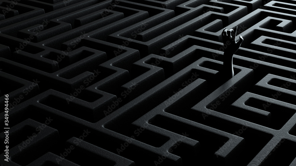 3d illustration concept of hand reaching out to the light in a black labyrinth 3d illustration concept of hand reaching out to the light in a black labyrinth