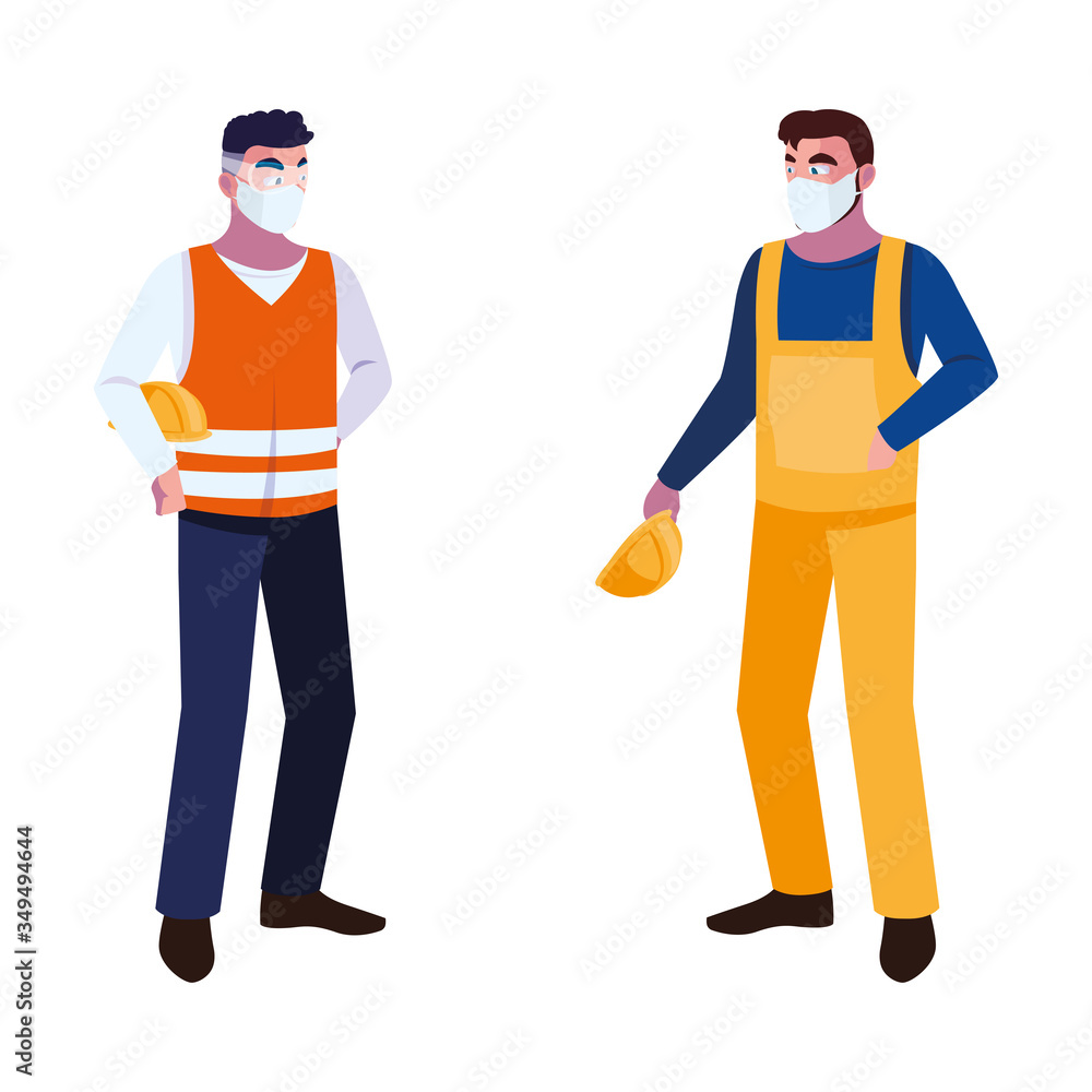 men operators with masks and reflective vests men operators with masks and reflective vests
