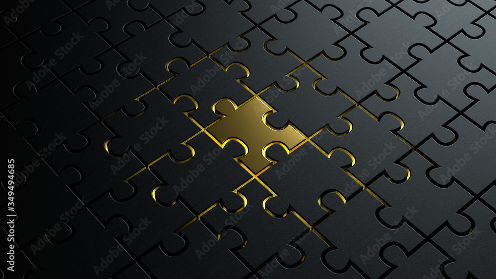 3d illustration of puzzle pieces background texture with a golden colored one in center - obrazy, fototapety, plakaty 
