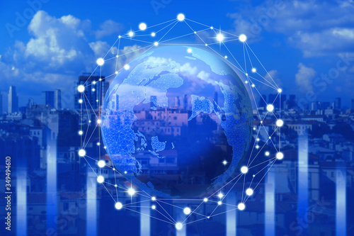 Futuristic communication technology concept. World globe with network illustrations on city background