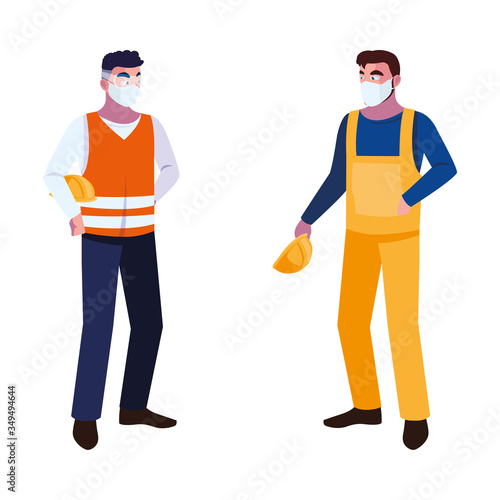 men operators with masks and reflective vests