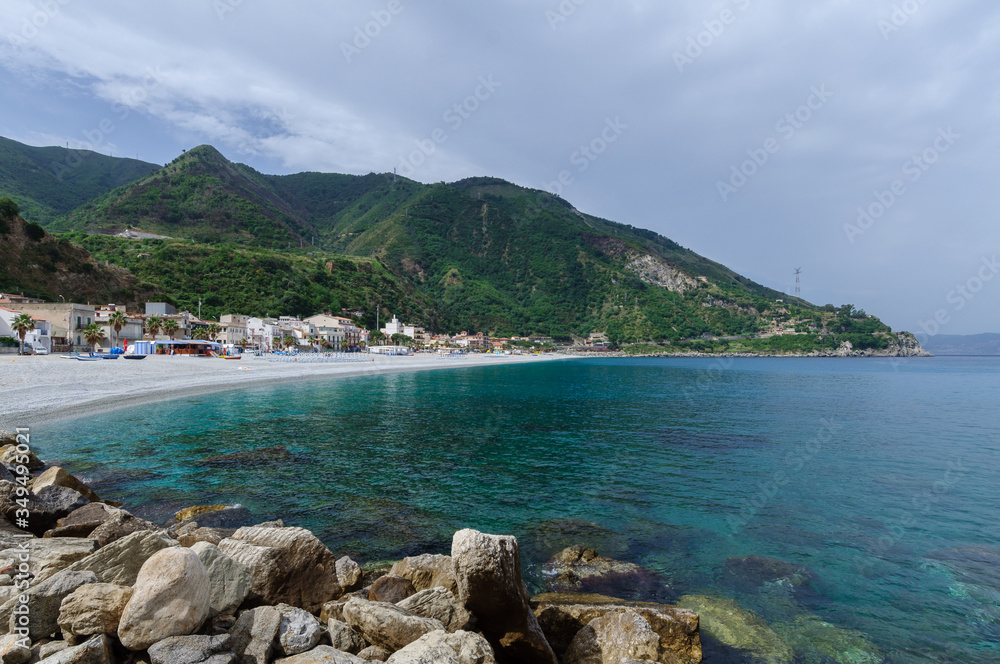the beach of Scilla at the southern end of Calabria, in the background Sicily (Italy)