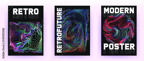 Set of retrofuturistic posters with holographic chromatic shapes in rainbow colors. Synthwave and vaporwave style covers for music party event and club invitation.