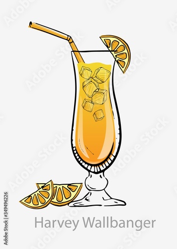 Harvey cocktail volbenger. Yellow cocktail ice cubes orange slice straw, all day vodka based alcoholic drink orange juice galliano liquor served highball glass ice vector classic modern category.