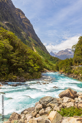 Landscape with rapid river near Pop's View lookout. Fiordland. South Island, New Zealand