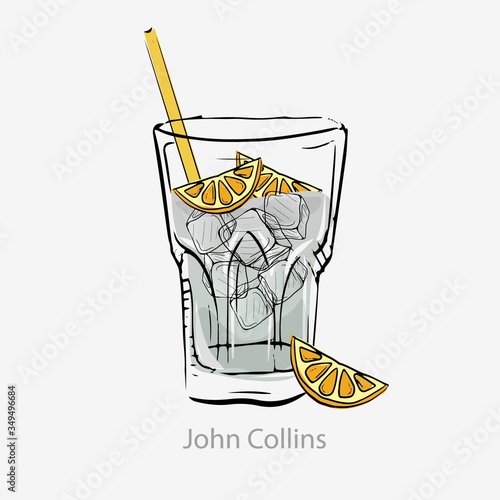 Cocktail john collins. White cocktail ice cubes slice lime with straw, all day alcohol based gin lemon juice sugar syrup served in vector glass highball ice category unforgettable. photo