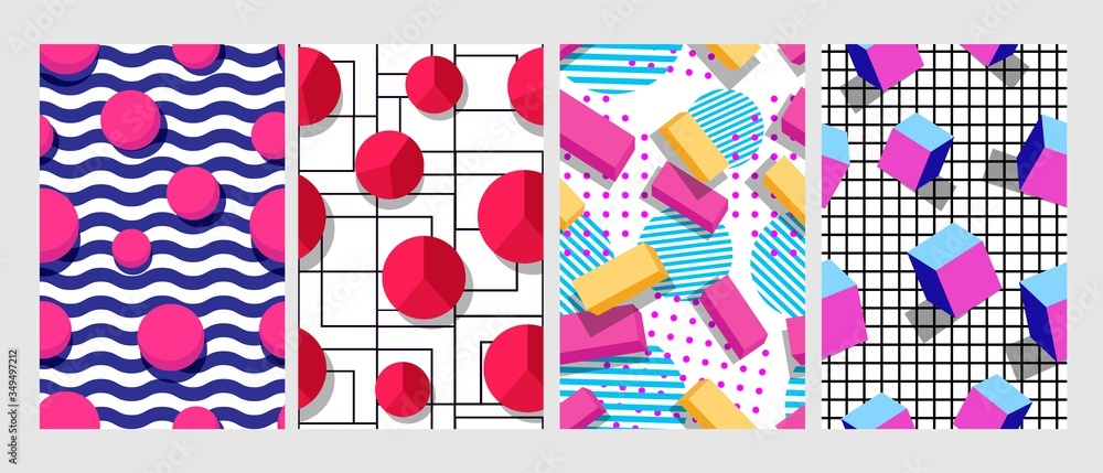 Set of different creative abstract design geometric seamless pattern. Collection of colorful 3d geometrical shapes vector graphic illustration. Modern wallpaper style with futuristic bright figures Set of different creative abstract design geometric seamless pattern. Collection of colorful 3d geometrical shapes vector graphic illustration. Modern wallpaper style with futuristic bright figures