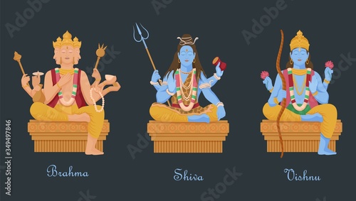 Gods of hinduism vishnu, shiva, brahma. Three main hindu deities creators of universe four headed vector brahma with rosary shiva trident and snake cartoon vishnu bow and lotus. photo