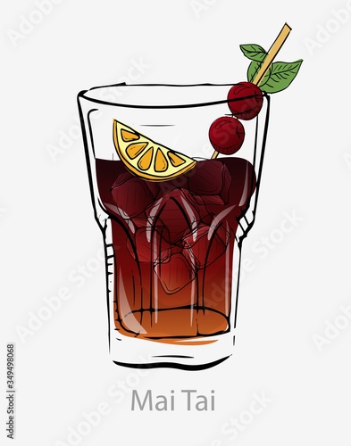 Mai tai cocktail. Dark orange cocktail ice cubes slice lime cherry tube mint leaf whole day alcoholic dark light rum tequila liquor served in highball glass ice modern classic vector glass category.