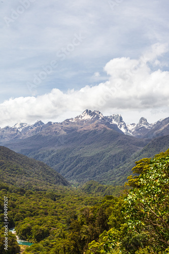 Landscapes of the South Island. Fiordland National Park. A river in the middle of a dense forest below. New Zealand